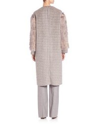 Agnona Fur Sleeve Alpaca Wool Cashmere Jacquard Check Coat