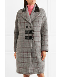 Carven Patent Leather Trimmed Checked Wool Blend Coat Gray