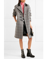 Carven Patent Leather Trimmed Checked Wool Blend Coat Gray