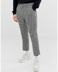 ASOS DESIGN Slim Crop Smart Trousers In Grey Micro Check With Blue Stripe