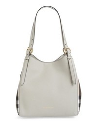 Grey Check Leather Tote Bag