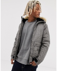 Pull&Bear Jacket With Faux Fur Hood In Grey Check