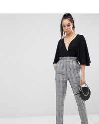 Missguided Tall Paper Bag Waist Trousers In Grey Check