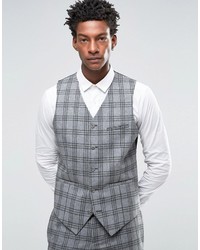 Asos Wedding Slim Vest In Gray With Charcoal Check