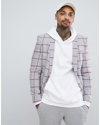 ASOS DESIGN Super Skinny Blazer In Light Grey Wool Mix With Red Check