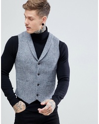 ASOS DESIGN Asos Slim Waistcoat Harris Tweed 100% Wool Light Grey Check
