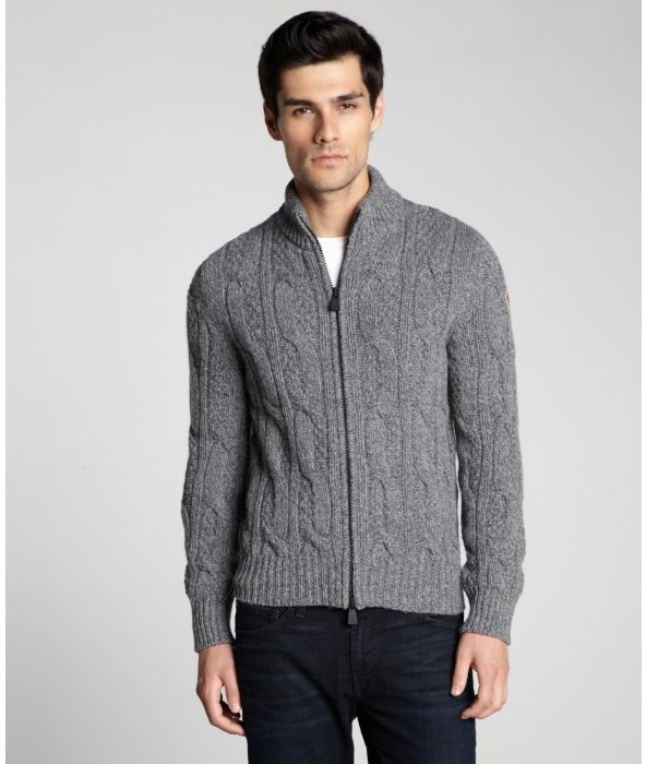 Moncler Grey Melange Wool Blend Cable Knit Stand Collar Zip Front ...