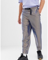 ASOS DESIGN Tapered Trousers In Irridescent Nylon With Belt Detail