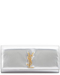 Saint Laurent Cassandre Metallic Logo Clutch Bag Argentinto Silver