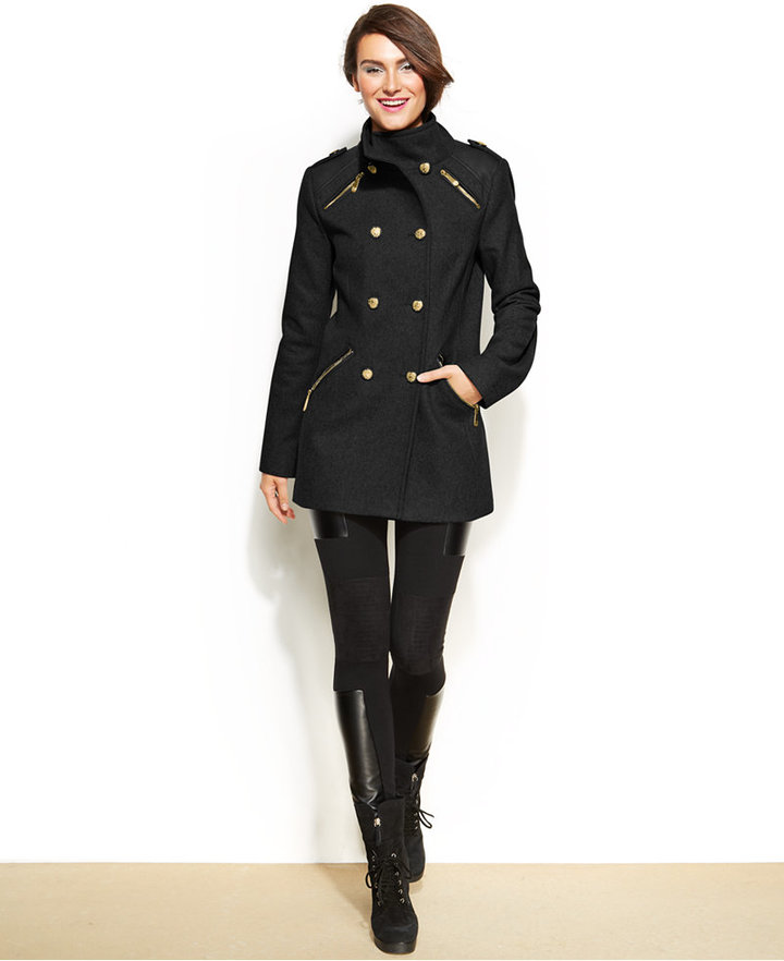 Vince Camuto Faux Leather Trim Double Breasted Military Coat 325