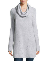 Neiman Marcus Cashmere Ribbed Cowl Neck Tunic Heather Gray