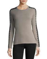Neiman Marcus Cashmere Collection Lace Trimmed Crewneck Cashmere Sweater