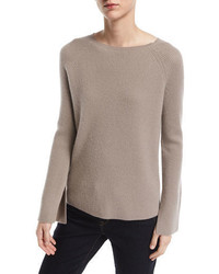 Neiman Marcus Cashmere Collection Long Split Sleeve Crewneck Ribbed Cashmere Sweater