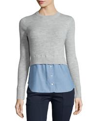 Veronica Beard Cati Wool Shirttail Combo Sweater Grayblue