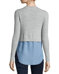 Veronica Beard Cati Wool Shirttail Combo Sweater Grayblue