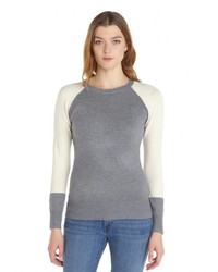French Connection Grey And Cream Stretch Knit Colorblock Crewneck Sweater
