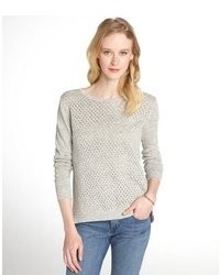Rebecca Taylor Grey And Pink Perforated Cotton Linen Blend Marl Scoop Neck Sweater