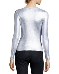 Carven Ribbed Metallic Crewneck Sweater Gray