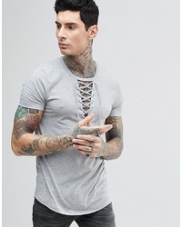 ASOS DESIGN Asos Longline T Shirt With Deep Lace Up Neck With Rib And Curve Hem Marl