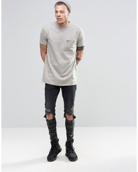 Asos Brand Longline Military T Shirt With Pocket Detail In Textured Gray