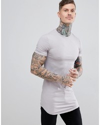 ASOS DESIGN Longline Muscle Fit T Shirt In Rib With Curve Hem In Beige