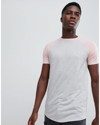 ASOS DESIGN Longline T Shirt With Curved Hem And Contrast Raglan Sleeves In Linen Mix In Greysugar Rush