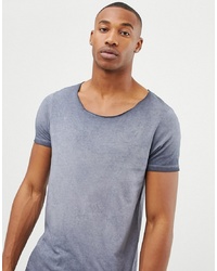 ASOS DESIGN Longline T Shirt With Raw Scoop Neck In Acid Wash In Grey