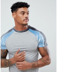 ASOS DESIGN Muscle Fit T Shirt With Velour Panel Raglan Sleeves In Grey Marl Marl