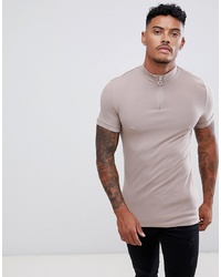 ASOS DESIGN Muscle Fit T Shirt With Zip Turtle Neck In Beige