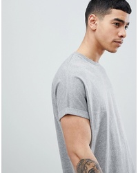 ASOS DESIGN Oversized Longline T Shirt With Roll Sleeve In Grey Marl Marl