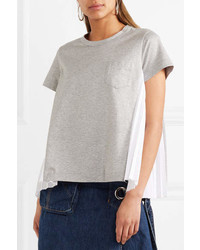 Sacai Pleated Poplin Paneled Cotton Jersey T Shirt Light Gray