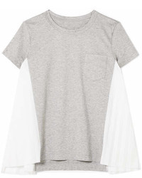 Sacai Pleated Poplin Paneled Cotton Jersey T Shirt Light Gray