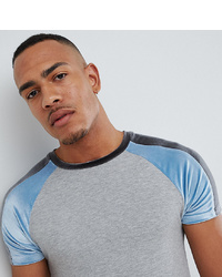 ASOS DESIGN Tall Muscle Fit T Shirt With Velour Panel Raglan Sleeves In Grey Marl Marl