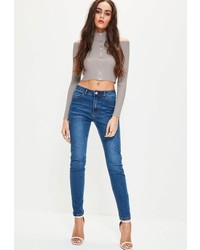 Missguided Grey Knit Cold Shoulder Ribbed Cropped Sweater