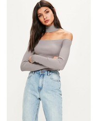 Missguided Grey Ribbed Choker Neck Cropped Sweater