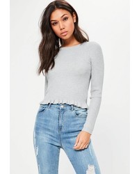 Missguided Grey Ribbed Frill Cropped Sweater