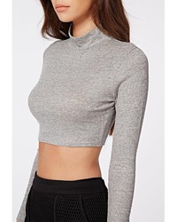 Missguided Dharma Ribbed Turtle Neck Long Sleeve Crop Top Grey