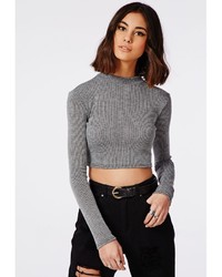 Missguided Ribbed Long Sleeve Crop Top Washed Grey