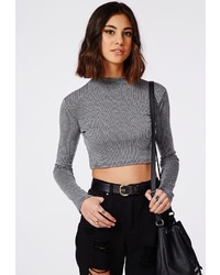 Missguided Ribbed Long Sleeve Crop Top Washed Grey