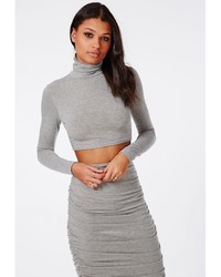 Missguided Roll Neck Long Sleeve Crop Top Grey