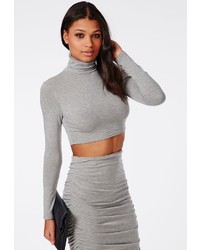 Missguided Roll Neck Long Sleeve Crop Top Grey