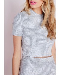 Missguided Round Neck Bandage Ribbed Crop Top Grey