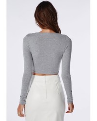 Missguided Wrap Over Long Sleeve Jersey Crop Top Grey