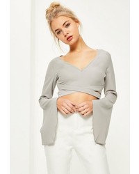 Missguided Grey Cross Front Frill Sleeve Crop Top