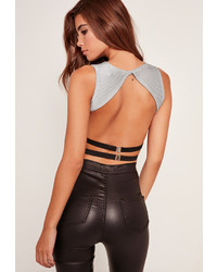 Missguided Strap Back Detail Sheen Ribbed Crop Top Grey