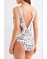 Camilla Chinese Whispers Cutout Embellished Printed Swimsuit Gray