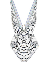 Camilla Chinese Whispers Cutout Embellished Printed Swimsuit Gray