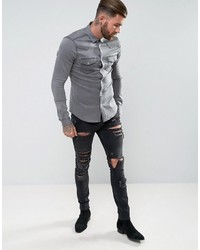 Asos Skinny Fit Western Denim Shirt In Gray