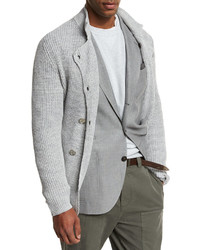 Brunello Cucinelli Double Breasted Shaker Knit Cardigan Light Gray