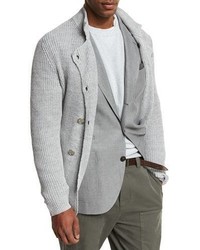 Brunello Cucinelli Double Breasted Shaker Knit Cardigan Light Gray